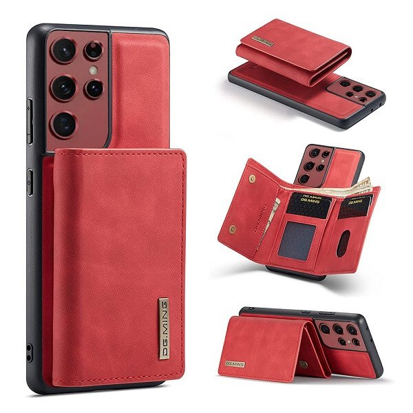 DG.MING For Samsung Galaxy S22 | S22+ /S22 Plus | S22 Ultra Premium Trifold Wallet Leather Case With 2-in-1 Magnetic Detachable Card Holder Pocket Cover