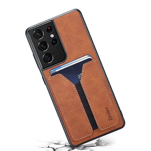 Denior For Samsung Galaxy S21 Ultra Leather Case with Elastic Wallet Card Holder Slot Pocket Cover - Brown