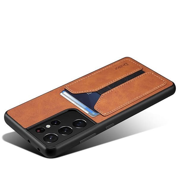 Denior For Samsung Galaxy S21 Ultra Leather Case with Elastic Wallet Card Holder Slot Pocket Cover - Brown