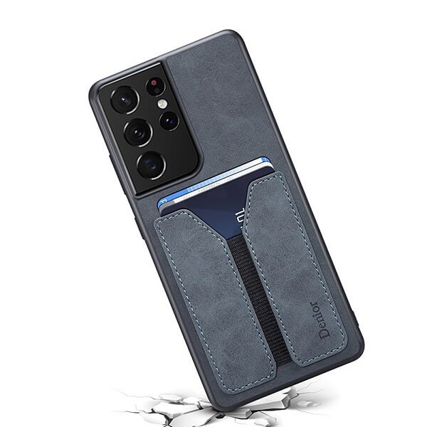 Denior For Samsung Galaxy S21 Ultra Leather Case with Elastic Wallet Card Holder Slot Pocket Cover - Grey