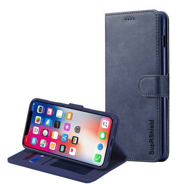 Enjoy FREE SHIPPING On All Apple iPhone XXS Navy Blue Wallet Leather Shockproof Case Cover, Screen Protector, Cable & Adapter