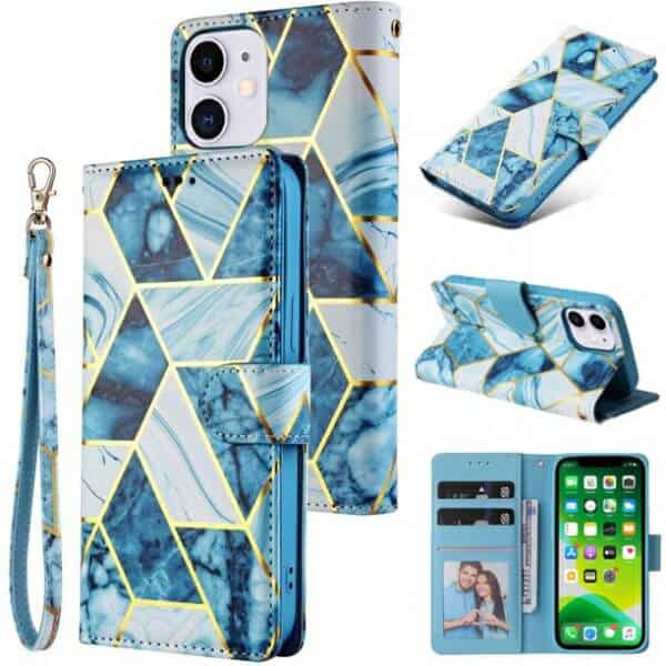 Fashion Design For Apple iPhone 11 Case Marble Painting Pattern With Lanyard Flip Wallet Case Leather Card Slots Stand Cover (Blue Gilding)