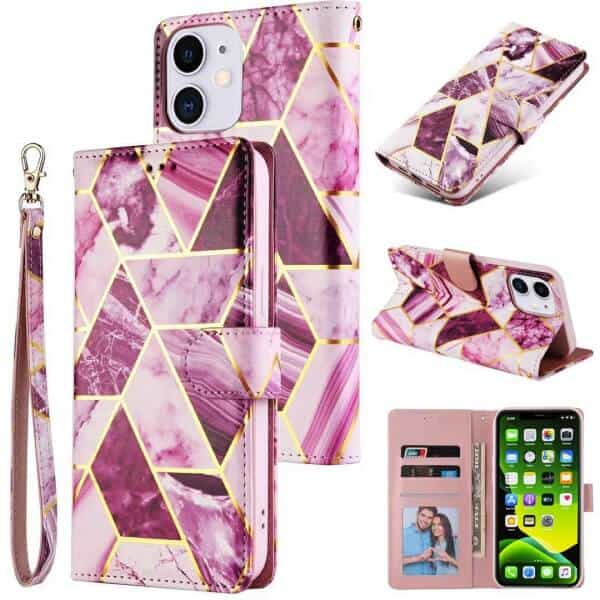 Fashion Design For Apple iPhone 11 Case Marble Painting Pattern With Lanyard Flip Wallet Case Leather Card Slots Stand Cover (Purple Gilding)