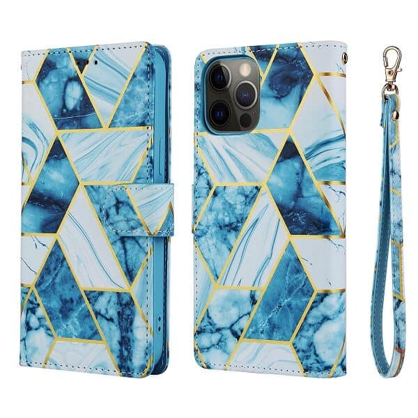 Fashion Design For Apple iPhone 12 12 Pro Case Marble Painting Pattern With Lanyard Flip Wallet Case Leather Card Slots Stand Cover (Blue Gilding)