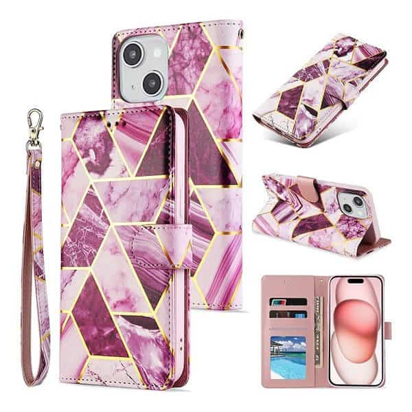 Fashion Design For Apple iPhone 15 Case Marble Painting Pattern With Lanyard Flip Wallet Case Leather Card Slots Stand Cover