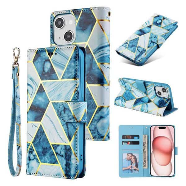 Fashion Design For Apple iPhone 15 Case Marble Painting Pattern With Lanyard Flip Wallet Case Leather Card Slots Stand Cover