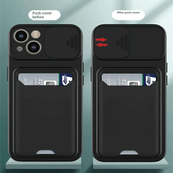 For Apple iPhone 15 Card Holder Mobile Phone Case Camera Protection Lens Slider Camera Shutter Wallet Cover