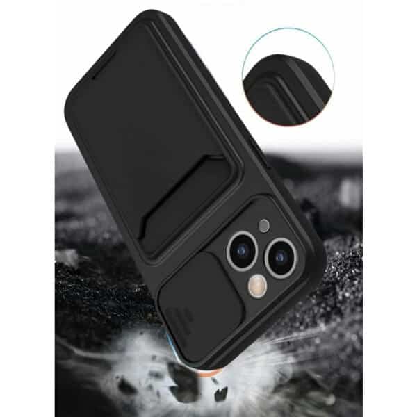 For Apple iPhone 15 Card Holder Mobile Phone Case Camera Protection Lens Slider Camera Shutter Wallet Cover