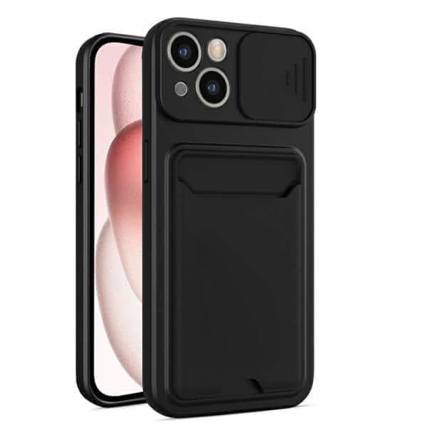 For Apple iPhone 15 Card Holder Mobile Phone Case Camera Protection Lens Slider Camera Shutter Wallet Cover
