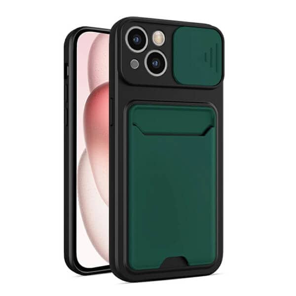 For Apple iPhone 15 Card Holder Mobile Phone Case Camera Protection Lens Slider Camera Shutter Wallet Cover