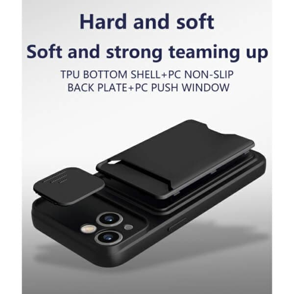 For Apple iPhone 15 Card Holder Mobile Phone Case Camera Protection Lens Slider Camera Shutter Wallet Cover