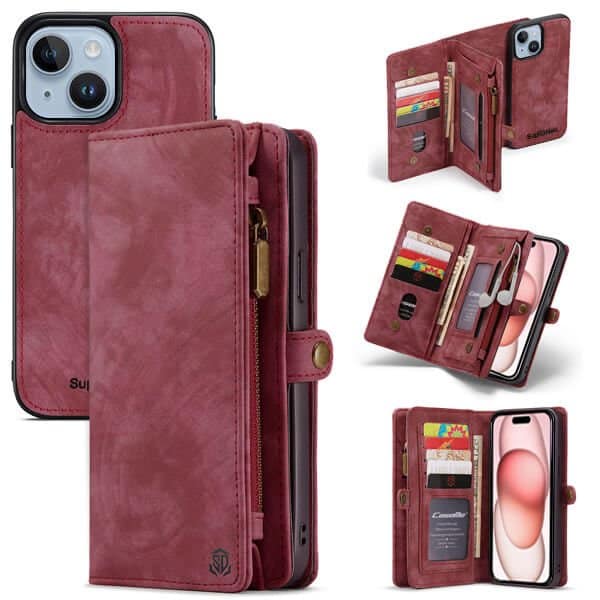 For Apple iPhone 15 Plus SupRShield Zipper & Detachable Retro Leather Pouch With Chain Wallet Flip Purse Bag Detachable Phone Case Cover