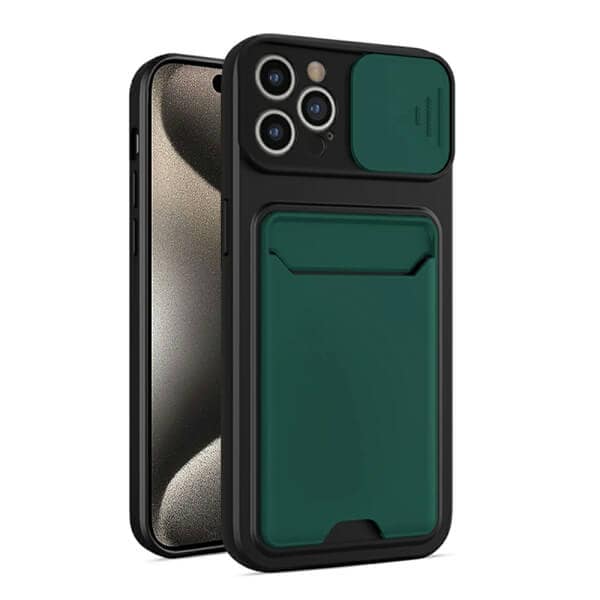 For Apple iPhone 15 Pro Card Holder Mobile Phone Case Camera Protection Lens Slider Camera Shutter Wallet Cover