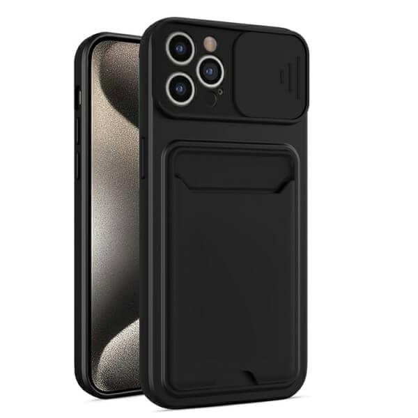 For Apple iPhone 15 Pro Card Holder Mobile Phone Case Camera Protection Lens Slider Camera Shutter Wallet Cover