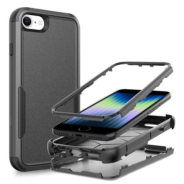 For Apple iPhone SE 2022 3in1 Case Drop Resistant Defender Tradies Hybrid Armor Heavy Duty Rugged Shockproof Tough Cover (Black)