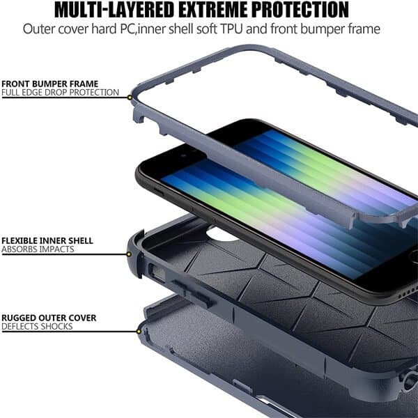 For Apple iPhone SE 2022 3in1 Case Drop Resistant Defender Tradies Hybrid Armor Heavy Duty Rugged Shockproof Tough Cover (Navy Blue)