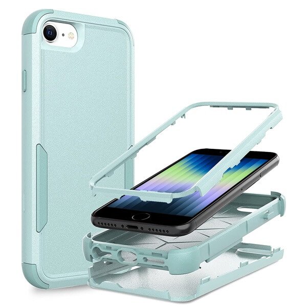 For Apple iPhone SE 2022 3in1 Case Drop Resistant Defender Tradies Hybrid Armor Heavy Duty Rugged Shockproof Tough Cover (Sky Blue)
