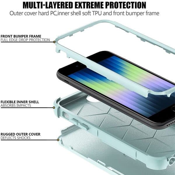 For Apple iPhone SE 2022 3in1 Case Drop Resistant Defender Tradies Hybrid Armor Heavy Duty Rugged Shockproof Tough Cover (Sky Blue)