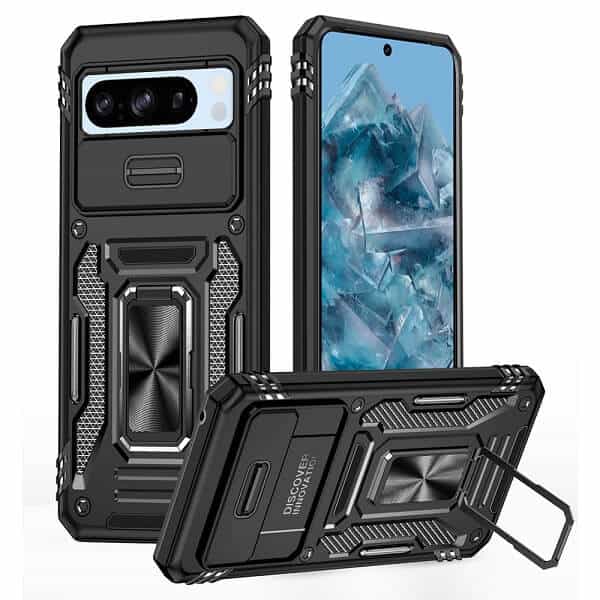 For Google Pixel 8 Pro Slide Camera Cover & Kickstand, Built-in 360° Rotate Ring Stand Magnetic Ring Shockproof Heavy Duty Case Cover (Black) (2)