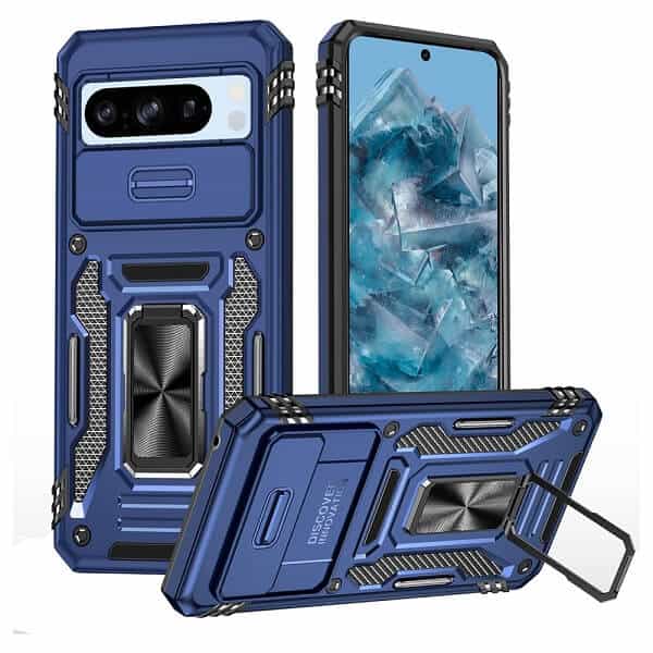 For Google Pixel 8 Pro Slide Camera Cover & Kickstand, Built-in 360° Rotate Ring Stand Magnetic Ring Shockproof Heavy Duty Case (Navy Blue)