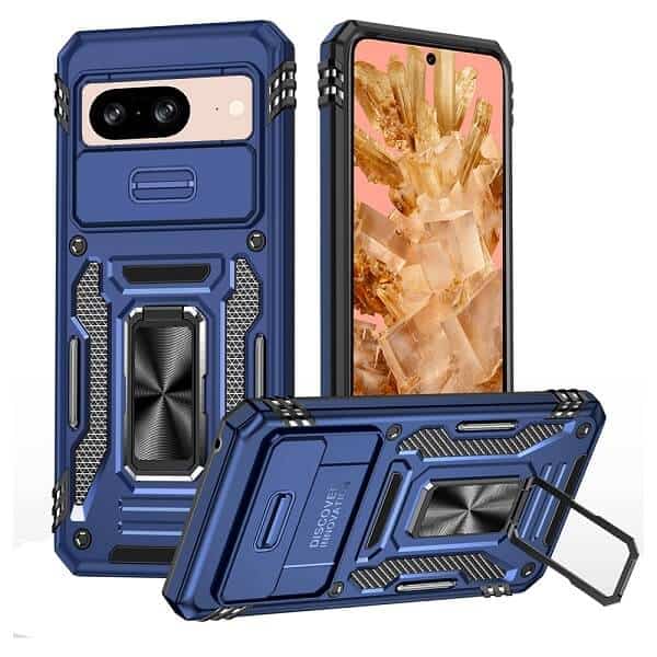 For Google Pixel 8, 8A, 8 Pro Slide Camera Cover & Kickstand, Built-in 360° Rotate Ring Stand Magnetic Ring Shockproof Heavy Duty Case