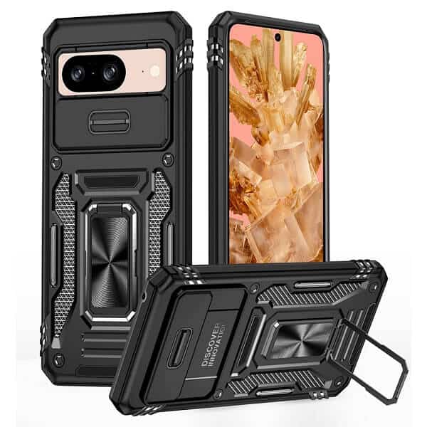 For Google Pixel 8, 8A, 8 Pro Slide Camera Cover & Kickstand, Built-in 360° Rotate Ring Stand Magnetic Ring Shockproof Heavy Duty Case