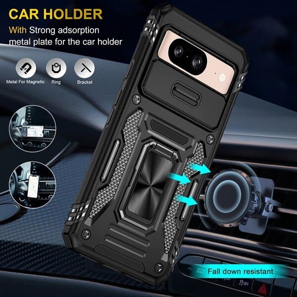 For Google Pixel 8 Slide Camera Cover & Kickstand, Built-in 360° Rotate Ring Stand Magnetic Ring Shockproof Heavy Duty Case (Black)