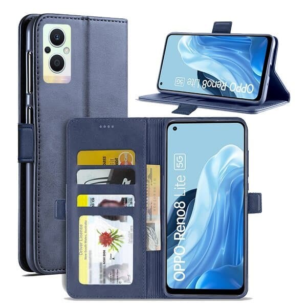 For Oppo Reno 8 Lite 5G Case RFID Blocking Retro Flip Premium Leather Card Holder Wallet Cover – (Navy Blue)