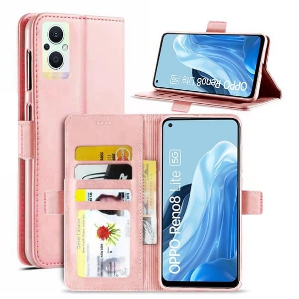 For Oppo Reno 8 Lite 5G Case RFID Blocking Retro Flip Premium Leather Card Holder Wallet Cover – (Rose Gold)