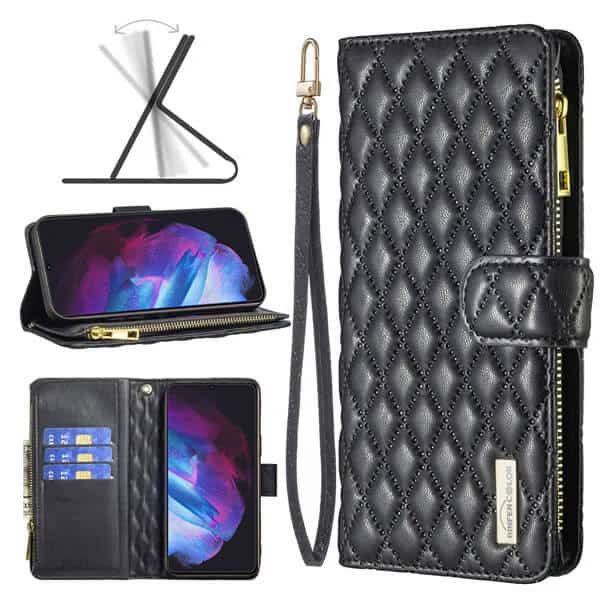 For Samsung Galaxy S23 | S23+ /S23 Plus | S23 Ultra Diamond Quilted Leather Zipper Wallet Flip Case with 9 Card Slots and Lanyard Cover