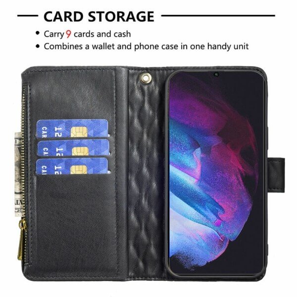 For Samsung Galaxy S23 Diamond Quilted Leather Zipper Wallet Flip Case with 9 Card Slots and Lanyard Cover - Black