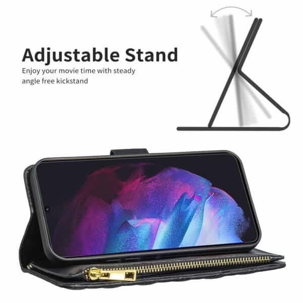 For Samsung Galaxy S23 Diamond Quilted Leather Zipper Wallet Flip Case with 9 Card Slots and Lanyard Cover - Black