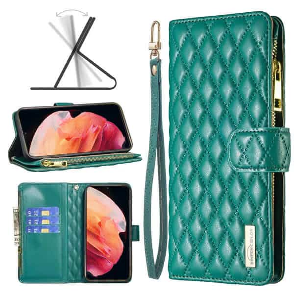 For Samsung Galaxy S23 | S23+ /S23 Plus | S23 Ultra Diamond Quilted Leather Zipper Wallet Flip Case with 9 Card Slots and Lanyard Cover