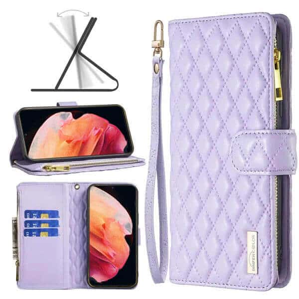 For Samsung Galaxy S23 | S23+ /S23 Plus | S23 Ultra Diamond Quilted Leather Zipper Wallet Flip Case with 9 Card Slots and Lanyard Cover