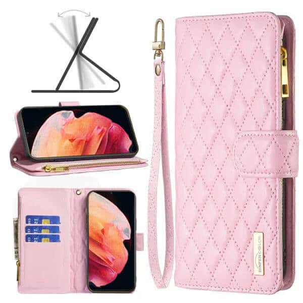 For Samsung Galaxy S23 | S23+ /S23 Plus | S23 Ultra Diamond Quilted Leather Zipper Wallet Flip Case with 9 Card Slots and Lanyard Cover