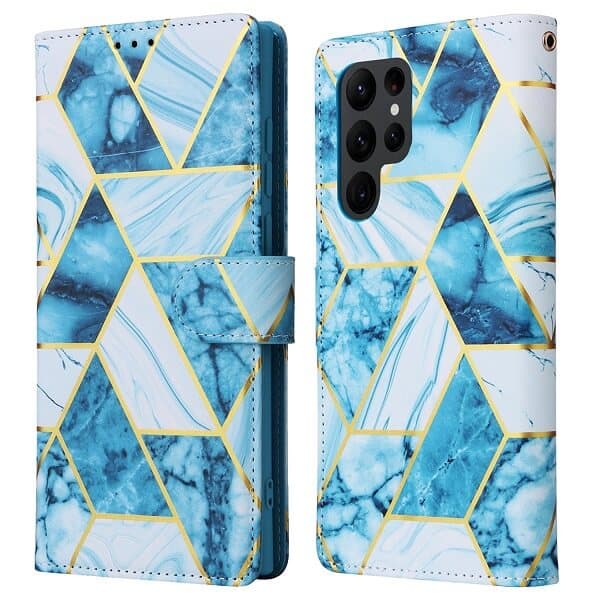 For Samsung Galaxy S23 Ultra Case Fashion Marble Painting Pattern Flip Wallet Case Leather Card Slots Stand Cover (Blue Gilding)