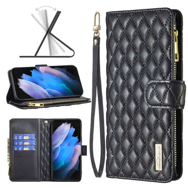 For Samsung Galaxy S23 Ultra Diamond Quilted Leather Zipper Wallet Flip Case with 9 Card Slots and Lanyard Cover - Black