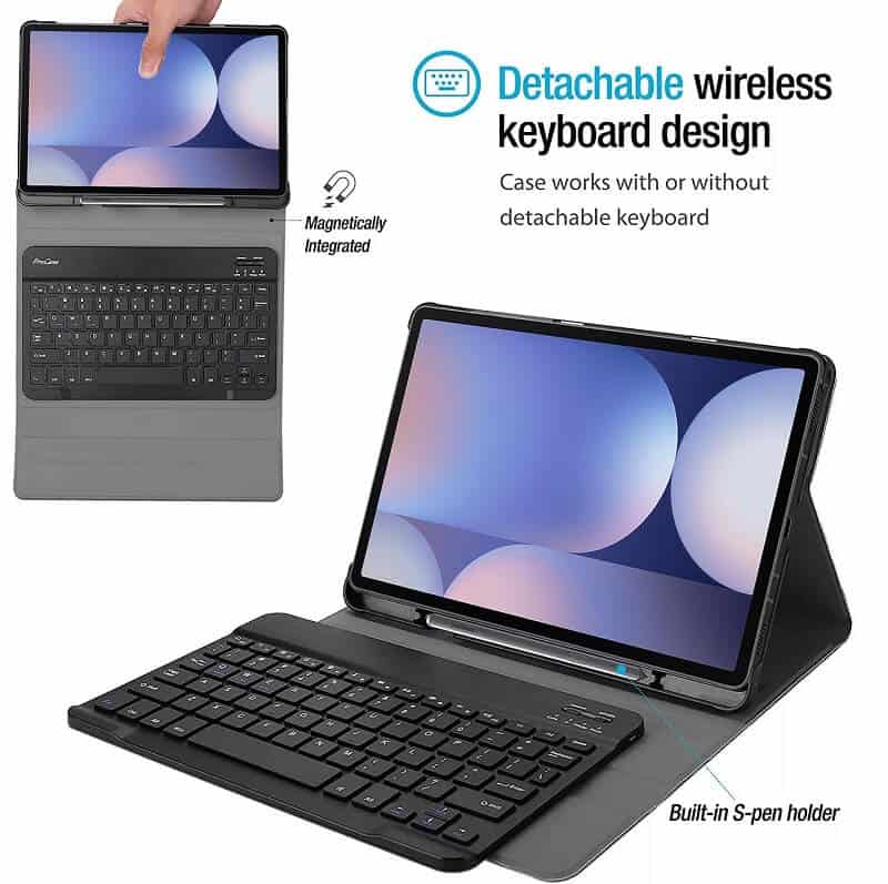 For Samsung Galaxy Tab S10 FE+ S10 FE Plus With Pencil Holder Detachable Wireless Bluetooth Keyboard and Flip Stand Leather Case Cover - Black