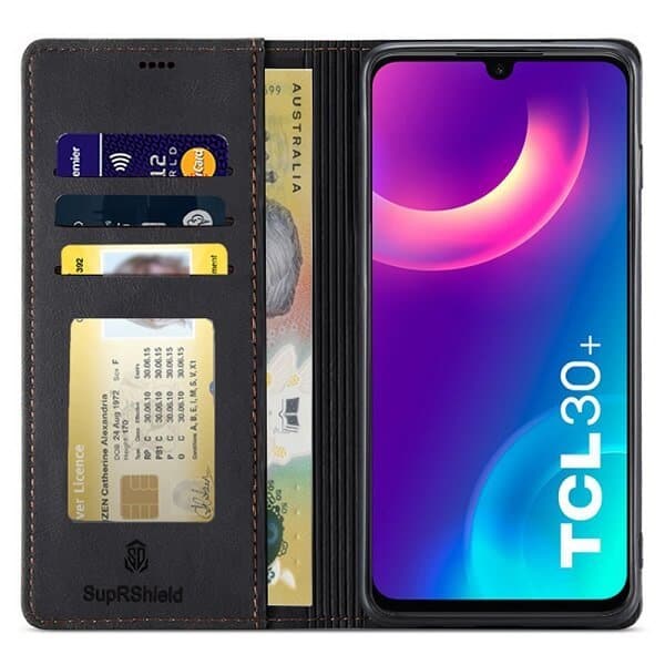 For TCL 30+ TCL 30 Plus Case RFID Blocking Retro Flip Premium Leather Card Holder Wallet Cover - (Black)