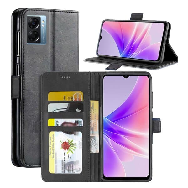 ForOppo A77 5G Case RFID Blocking Retro Flip Premium Leather Card Holder Wallet Cover – (Black)