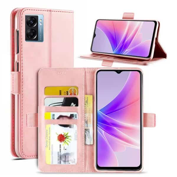 ForOppo A77 5G Case RFID Blocking Retro Flip Premium Leather Card Holder Wallet Cover – (Rose Gold)