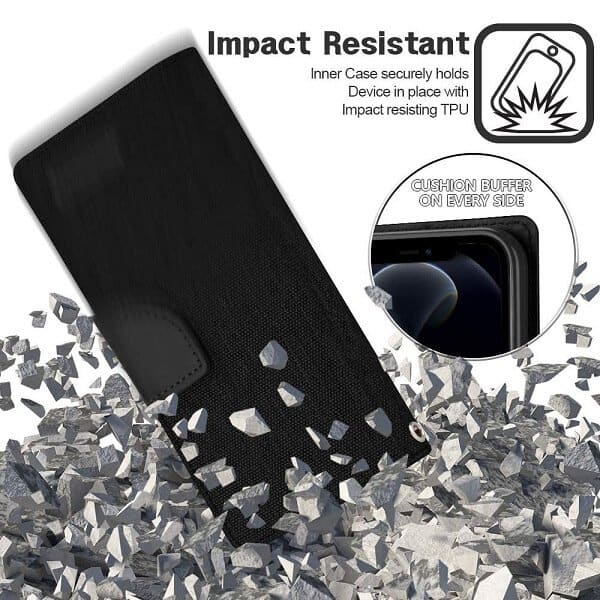 Goospery Canvas Apple iPhone 12 Pro Max Wallet Leather Case Denim Stand Flip Fabric Pouch Credit Card Slots Cover - Black