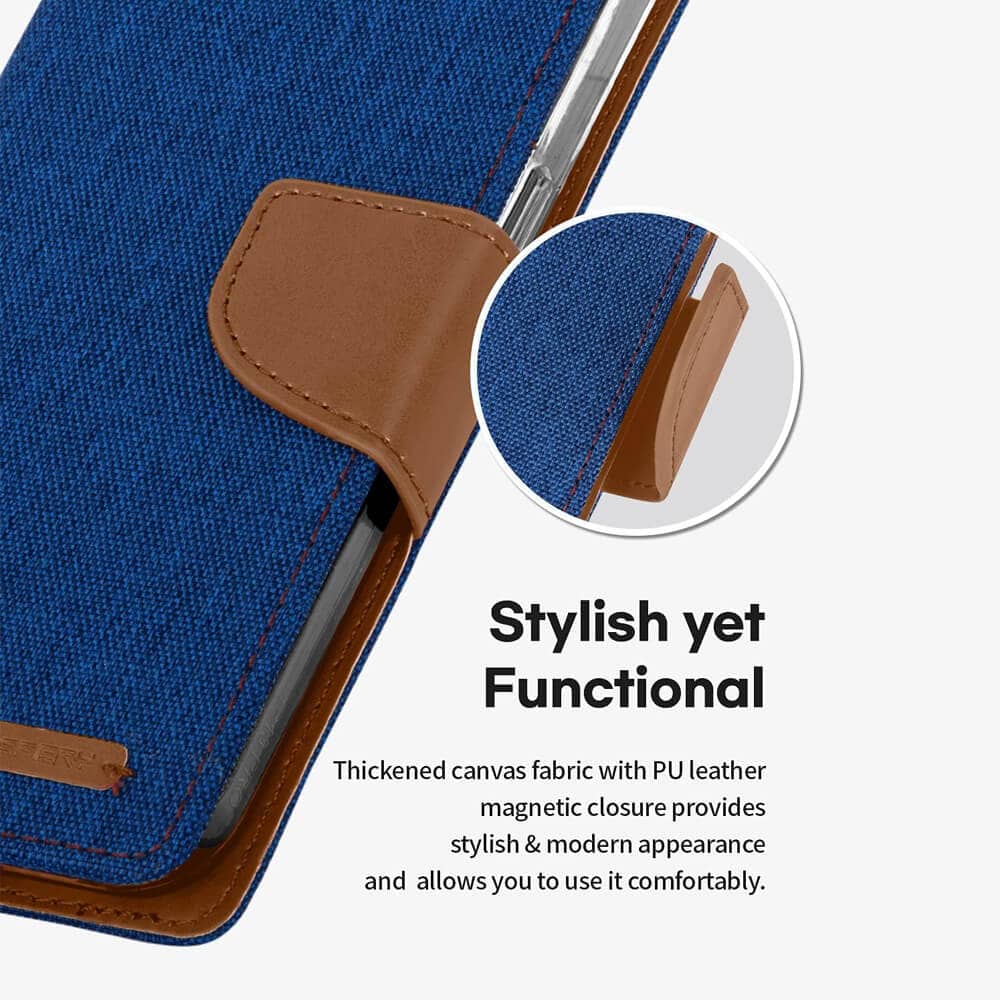 Goospery Canvas Apple iPhone 13 Wallet Leather Case Denim Stand Flip Fabric Pouch Credit Card Slots Cover - Navy Blue