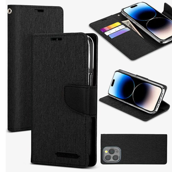 Goospery Canvas Apple iPhone 14 |14 Pro|14 Pro Max|14 Plus Wallet Leather Case Denim Stand Flip Fabric Pouch Credit Card Slots Cover - Black