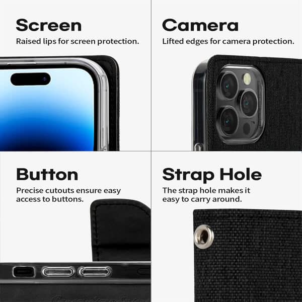 Goospery Canvas Apple iPhone 14 Pro Wallet Leather Case Denim Stand Flip Fabric Pouch Credit Card Slots Cover - Black