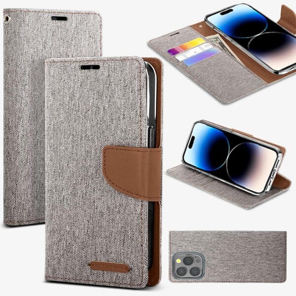 Goospery Canvas Apple iPhone 14 |14 Pro|14 Pro Max|14 Plus Wallet Leather Case Denim Stand Flip Fabric Pouch Credit Card Slots Cover - Black