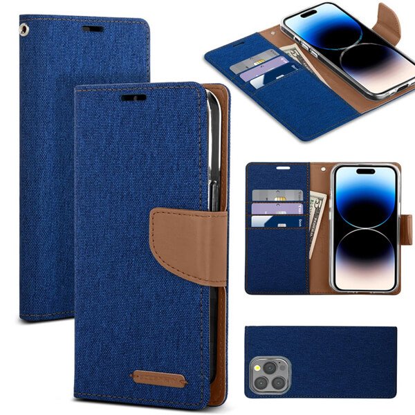 Goospery Canvas Apple iPhone 14 |14 Pro|14 Pro Max|14 Plus Wallet Leather Case Denim Stand Flip Fabric Pouch Credit Card Slots Cover - Black