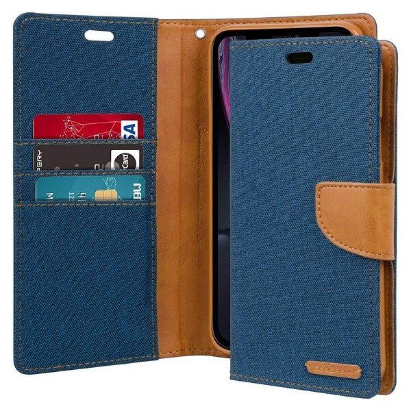 Goospery Canvas Apple iPhone XR Wallet Leather Case Denim Stand Flip Fabric Pouch Credit Card Slots Cover - Navy Blue