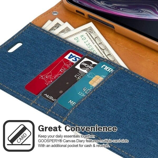 Goospery Canvas Apple iPhone XR Wallet Leather Case Denim Stand Flip Fabric Pouch Credit Card Slots Cover - Navy Blue