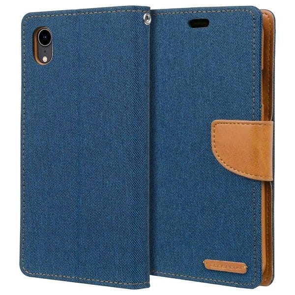 Goospery Canvas Apple iPhone XR Wallet Leather Case Denim Stand Flip Fabric Pouch Credit Card Slots Cover - Navy Blue